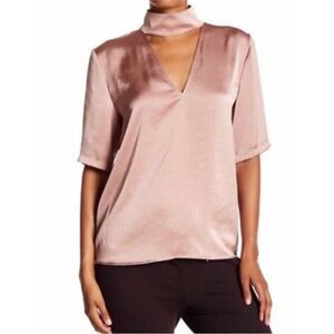 Theory satin look choker v-neck blush pink blouse | romantic feminine retro glam